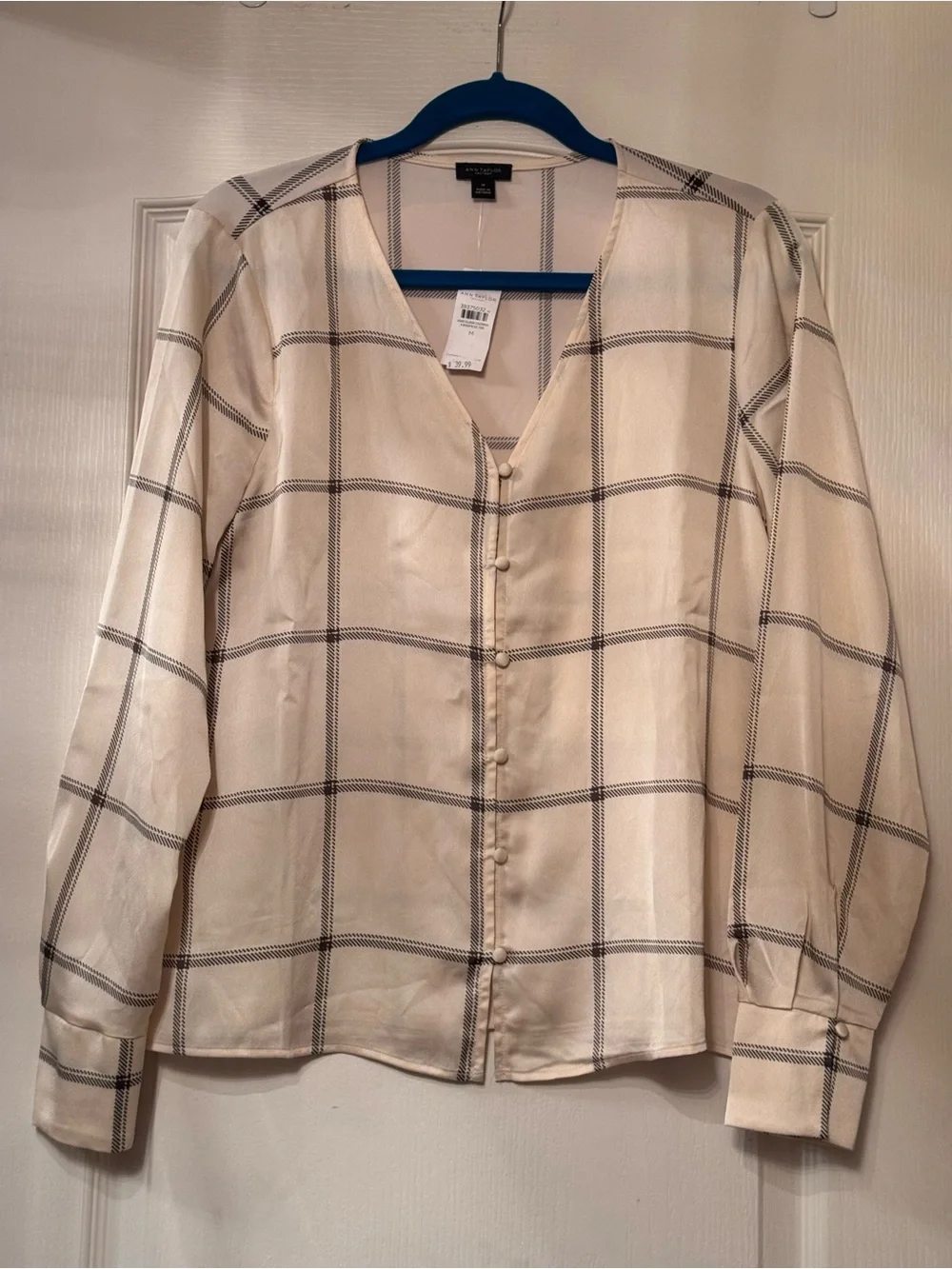 New ! Ann Taylor Cream Button-Front Windowpane Blouse